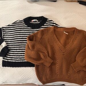 Free People Sweater lot-All Day Long Brown V-Neck & Good Vibes Striped Crew.